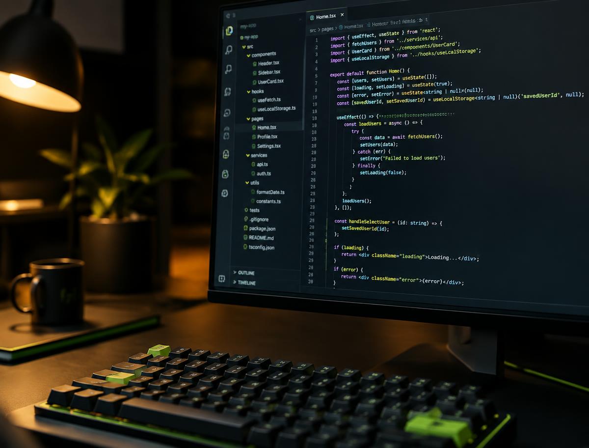 Code editor on a monitor next to a backlit keyboard in a dark workspace (stock photo)
