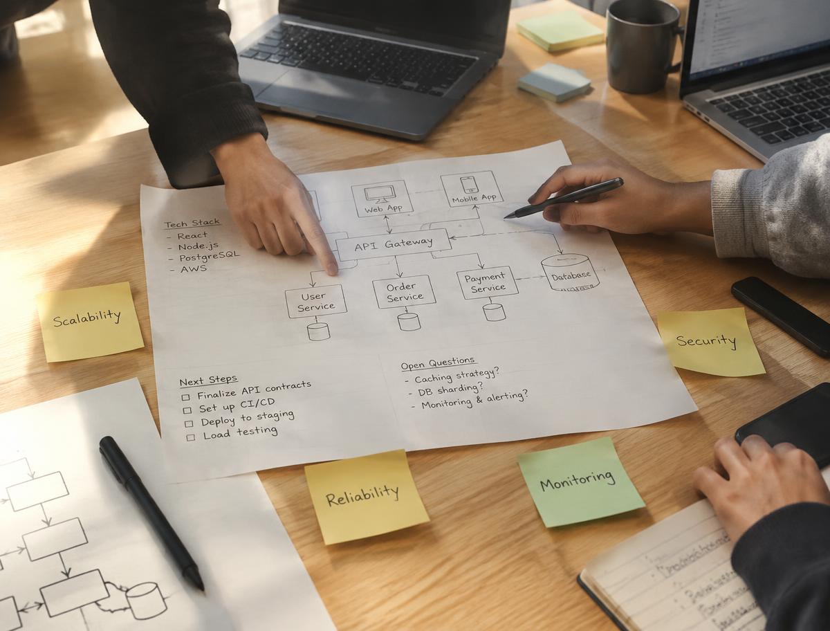 Hands pointing at a system architecture sketch surrounded by sticky notes (stock photo)